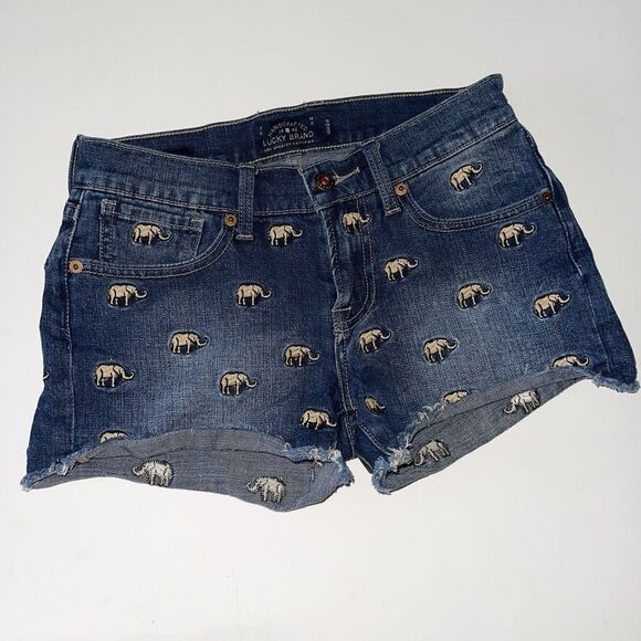 Lucky Brand Embroidered Jean Shorts Malibu Size 24 Elephant Dark Blue Denim - Picture 1 of 5